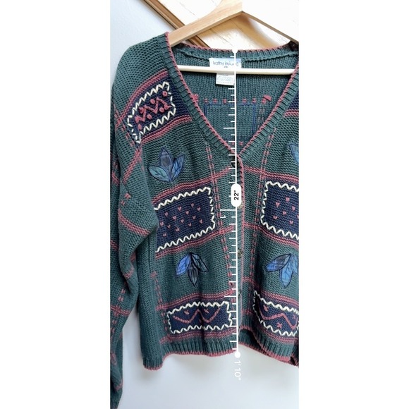 VTG Kathy Ireland Plaid Patch Sweater Cardigan L Embroidered Leaf Heritage - Picture 11 of 12